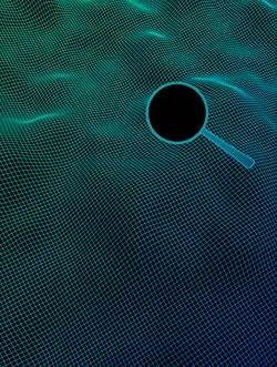 A glowing cyan magnifying glass icon hovering over an abstract, wavy digital wireframe grid on a dark background.