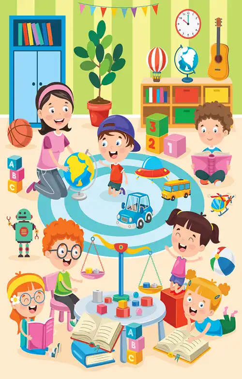 A group of kids playing with multiple toys in a playroom