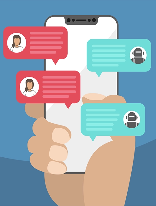 A vector illustration of a hand holding a smartphone showing chat bubbles of conversation between a human and a bot.