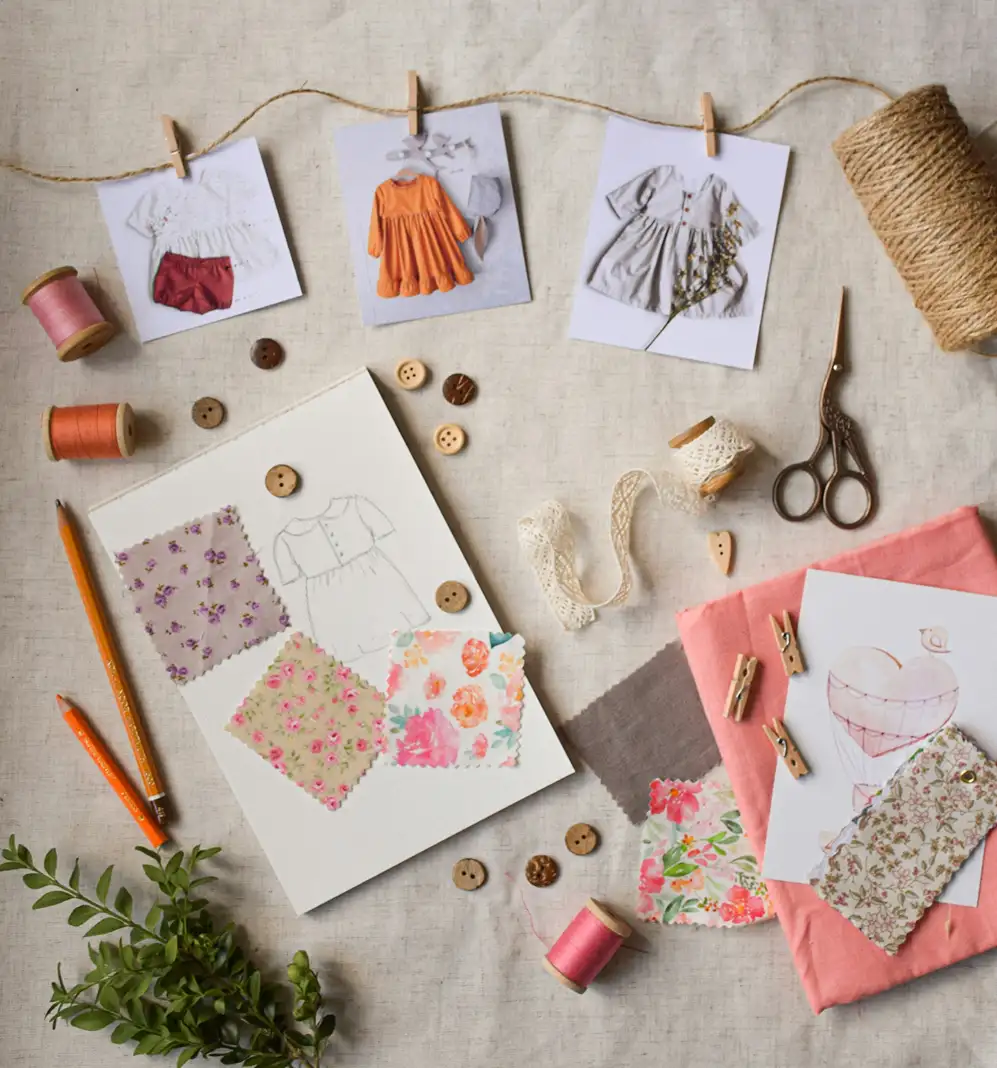 Workspace flat lay with a dress sketchbook, fabric swatches, vintage scissors, buttons, and clothing photos on twine.