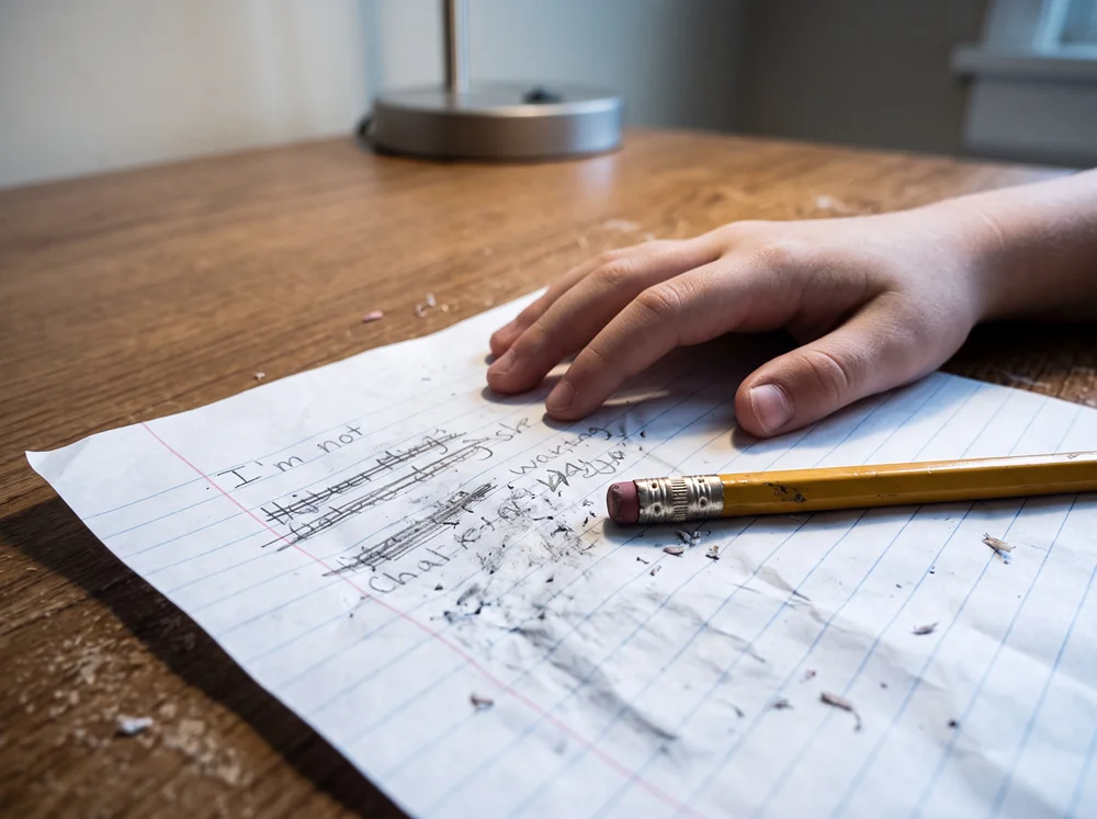 A child's hand on paper with crossed out writing as pencil lays off to the site.