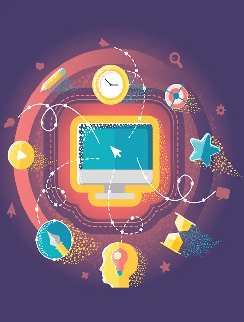 Illustration of a computer monitor surrounded by icons for time, video, writing, and ideas.