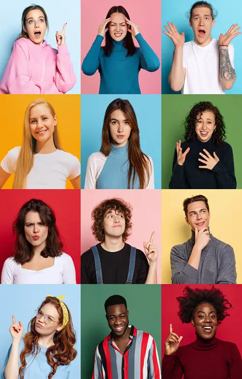 Grid collage of diverse young men and women showing different facial expressions against solid colorful studio backgrounds.