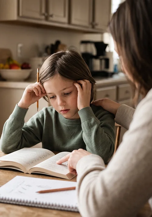 A young girl struggles with homework as her mom lays hand on the girl's shoulder.