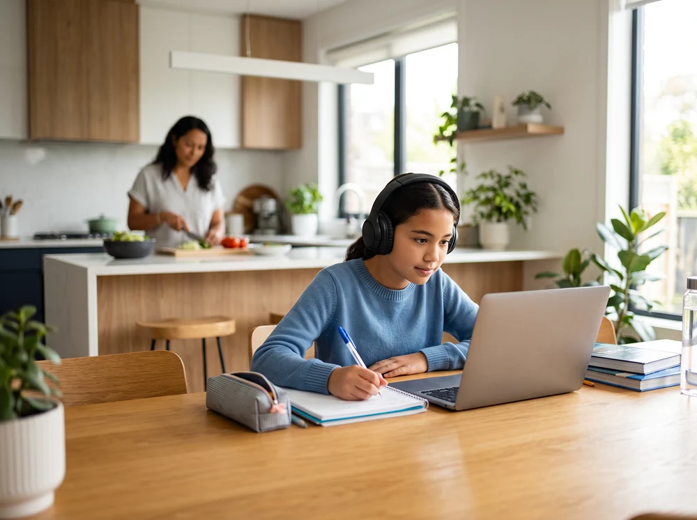A girl with headphones does homework at the kitchen table as mom prepares dinner in the background.