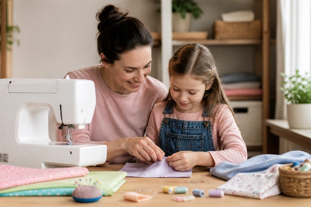 A mother teachers her child sewing basics.