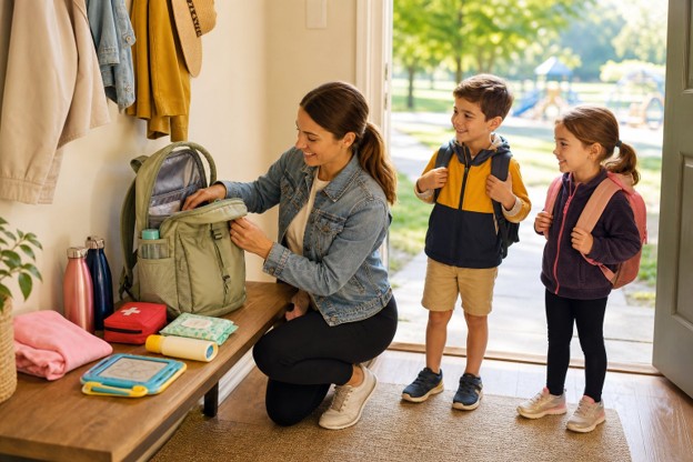 A mom packs a backpack in a home entry way as her kids watch. 