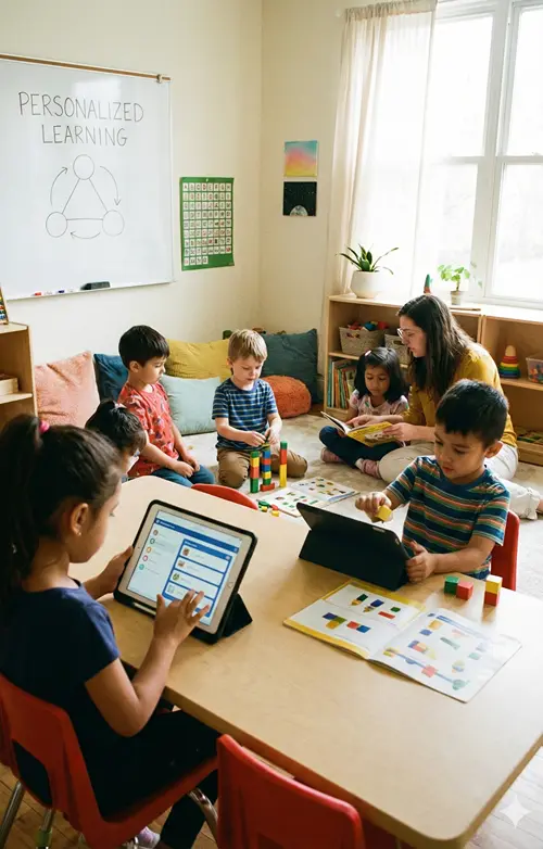 Preschooler in classroom with teacher.