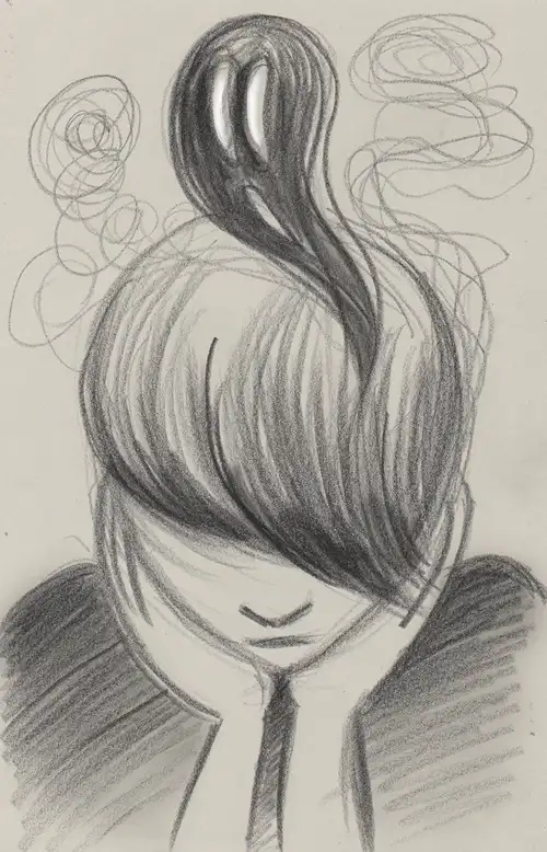 A pencil sketch of a teen girl looking down with her face in her hands.