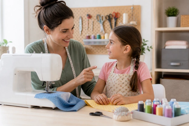 A sewing machine sits idle on a table while mom teachers her child basic hand skills.