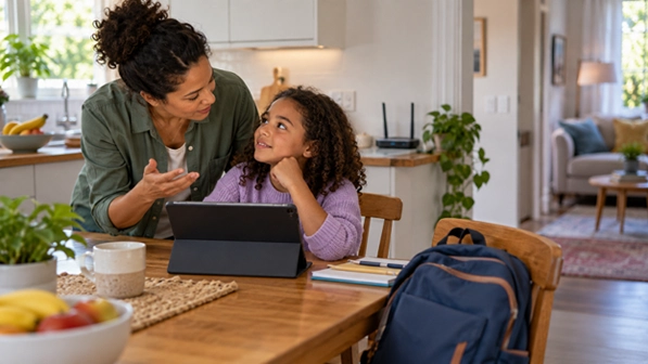 A little girl sits at the kitchen table in front of a laptop as her mom helps her.