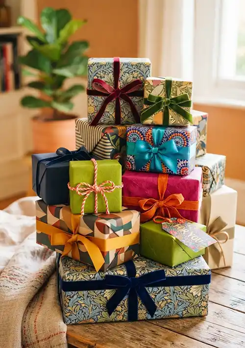 Beautifully wrapped gifts stacked high on a table in a home.
