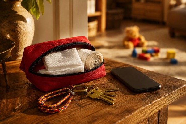 Red emergency first aid kit with medical supplies, keys, and a smartphone on a wooden table in a living room.
